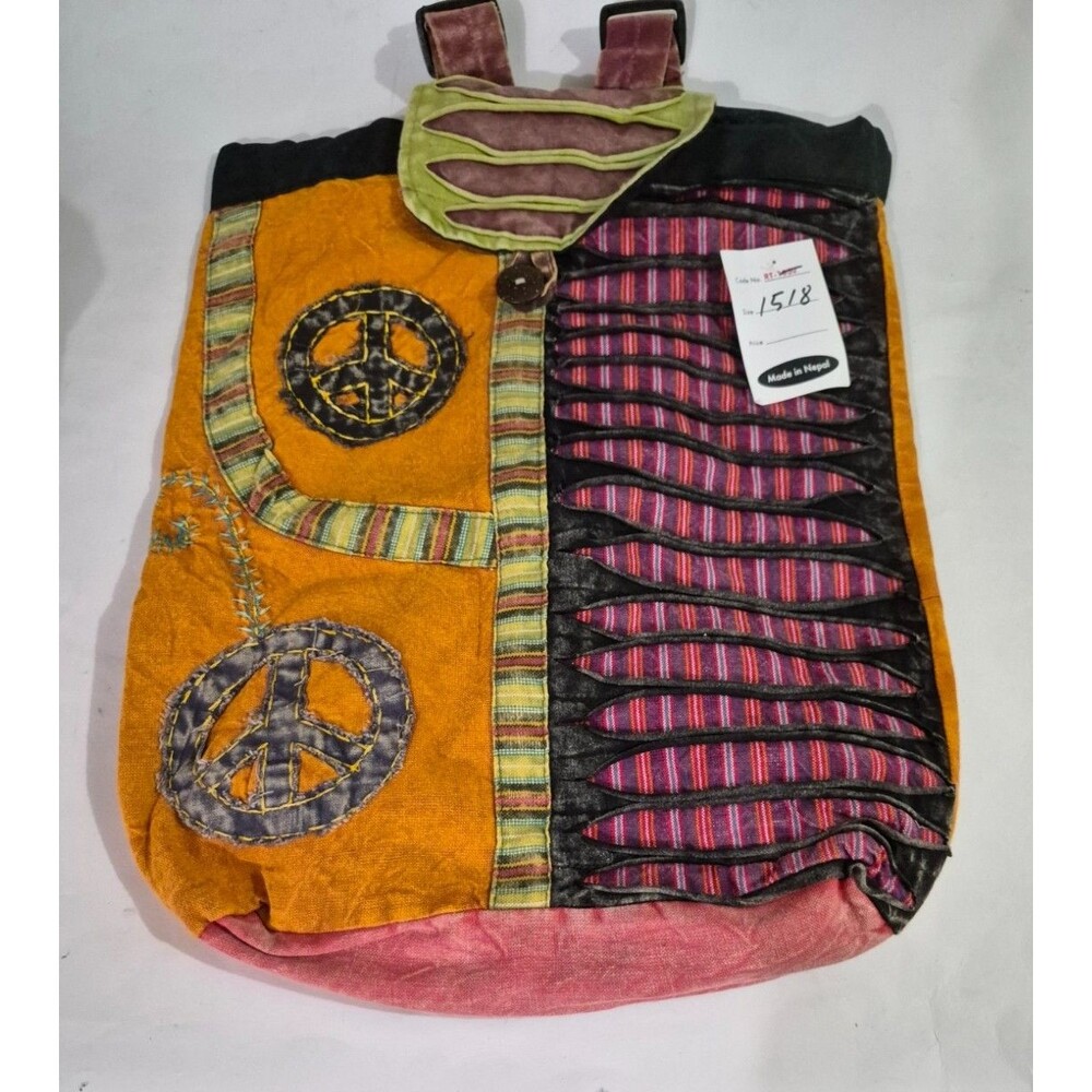 Boho Peace Patchwork Razor Cut Backpack Flapover Button Closure Inside Pocket